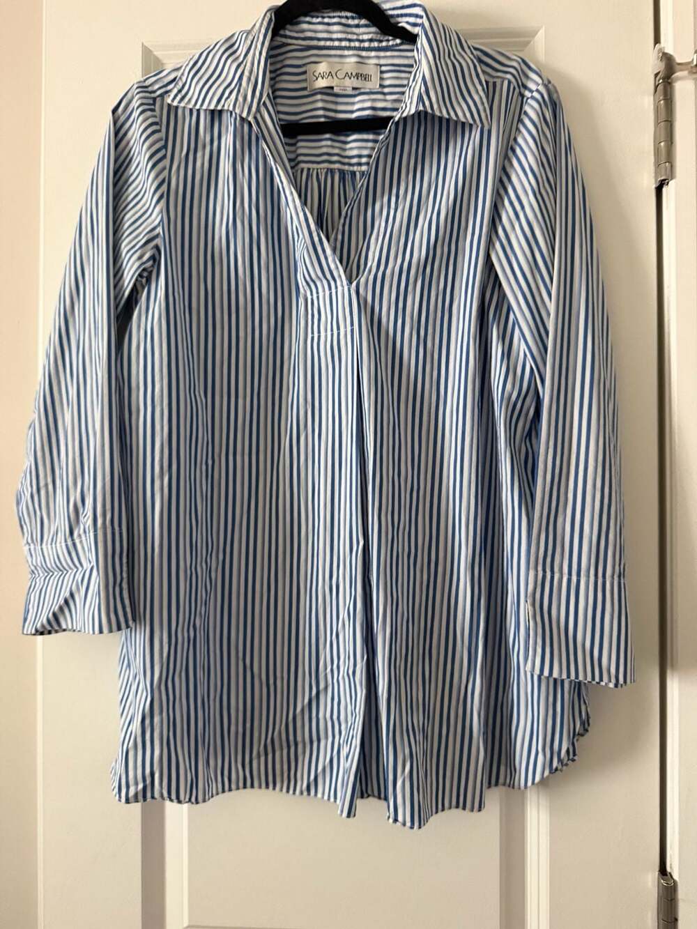 Sara Campbell Blue And White Striped V-Neck Tunic Blouse Shirt Size M